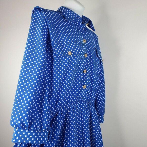Vintage 80s Lady Carol Secretary Blue Dress Polyester Size 6 P Polka Dot - Picture 4 of 7